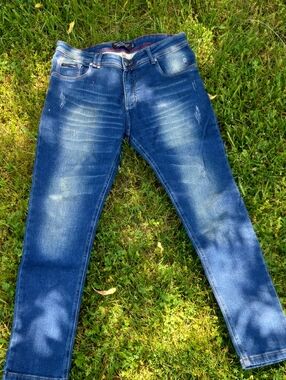 Philipp Plein Men's Blue Straight Denim Jeans with Red Trim